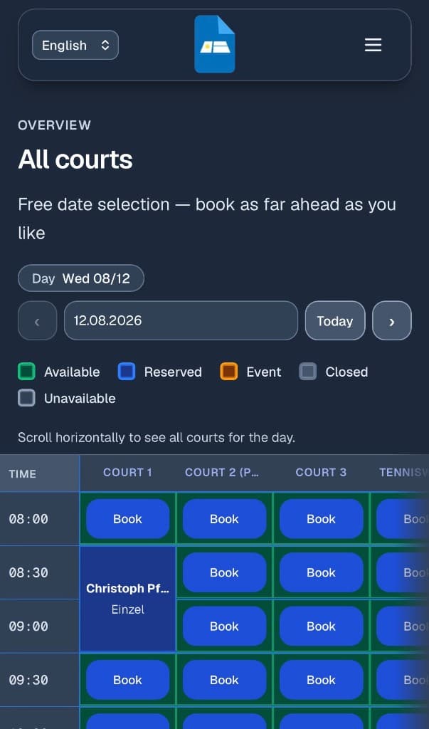Court Reservation mobile court booking with all-courts overview and time slots