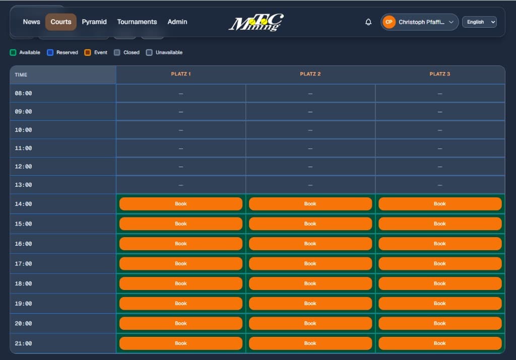 Court Reservation booking calendar with available time slots